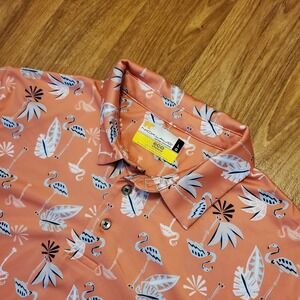 Nicklaus Polo Shirt Men Large Orange Flamingo Leaf Print Golf‎ Eco Choice Summer